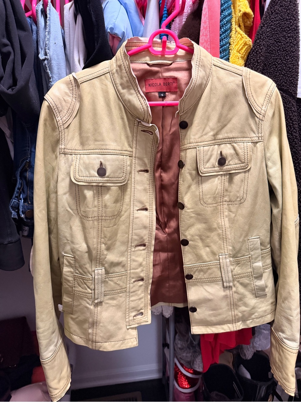 Nicola Berti  Woman Light Tan Leather Shirt Jacket - Stand Collar